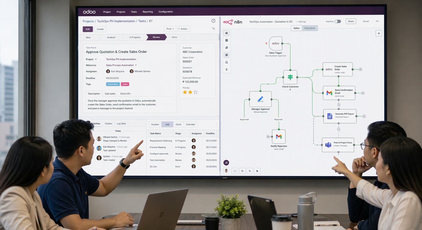 Odoo workflow controls and n8n automation nodes reviewed by Filipino consultants during an intervention