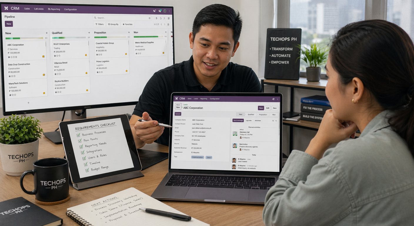 Filipino consultant reviewing an Odoo CRM intake record and next-action plan with a client
