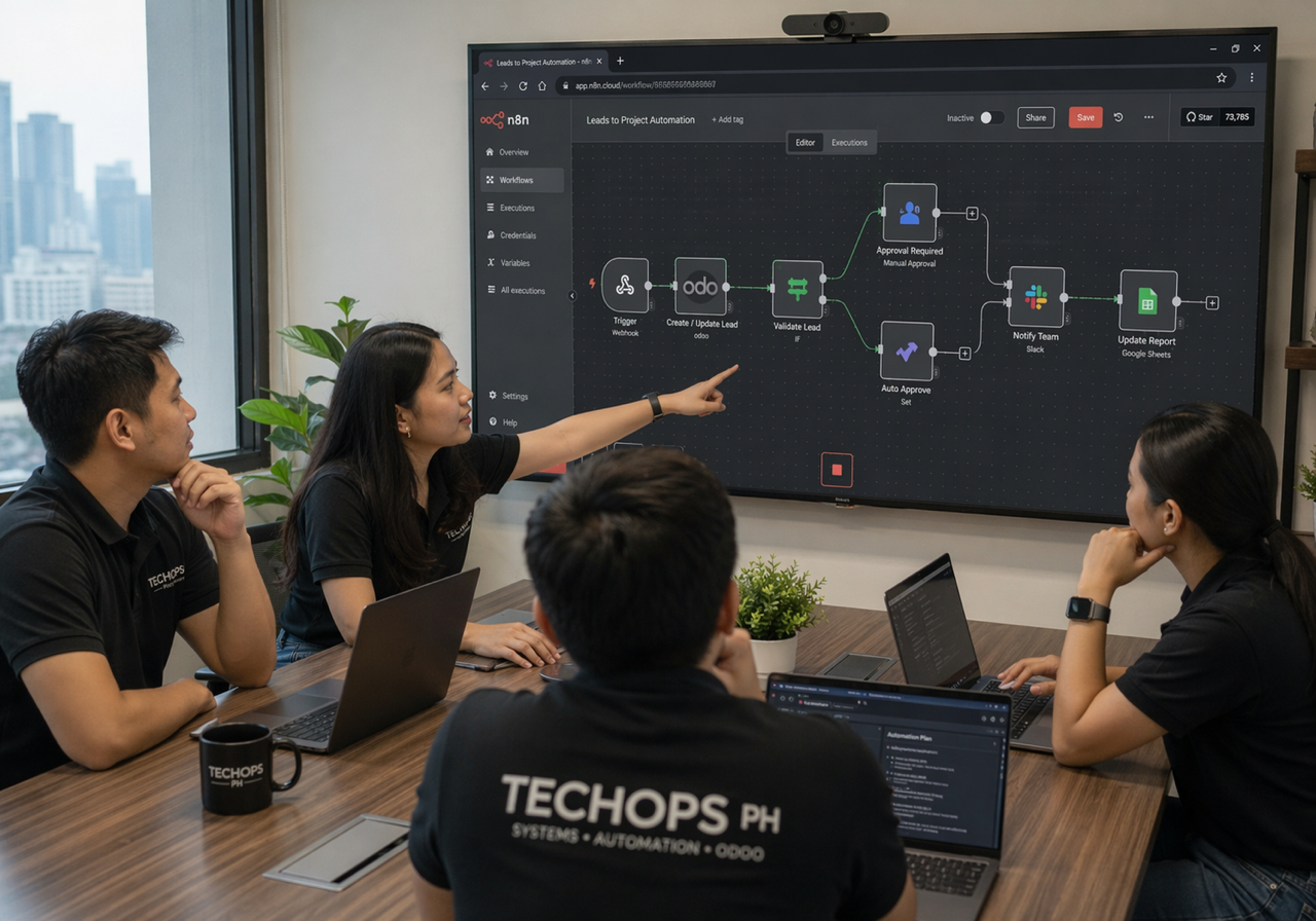 Filipino automation team reviewing an n8n workflow connected to Odoo records