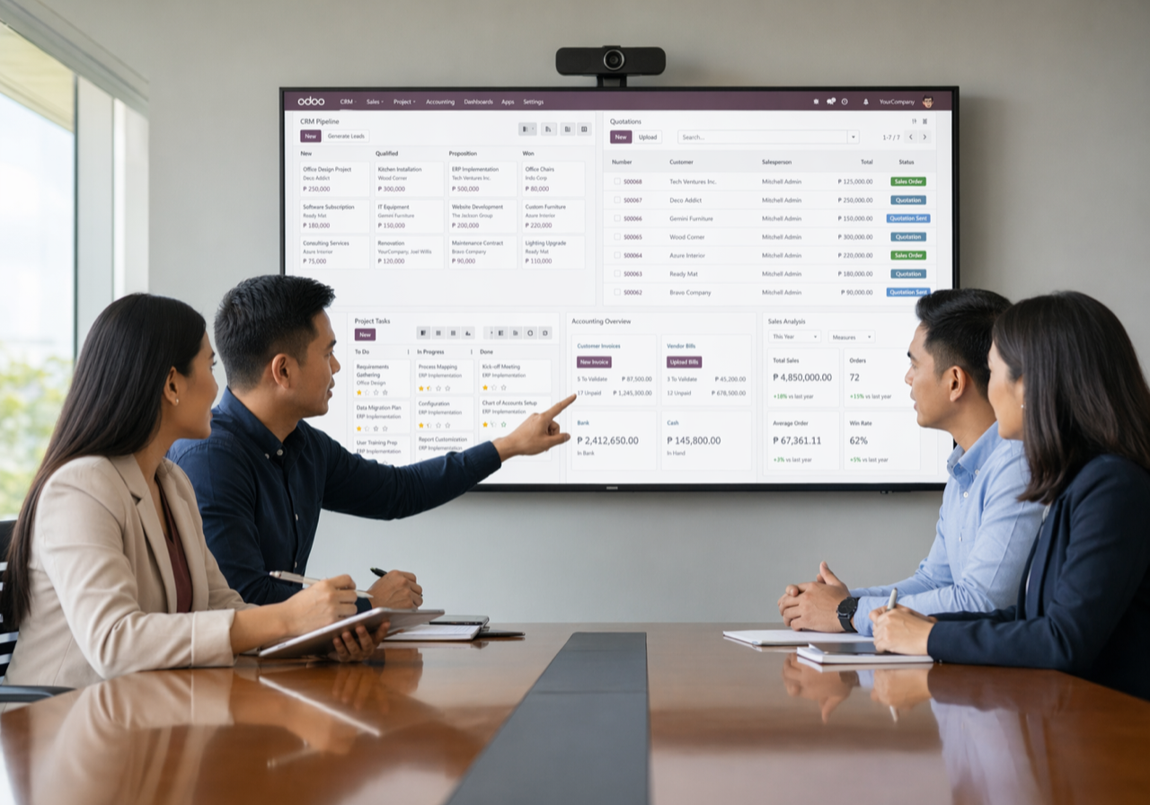 ERP implementation workshop with a Filipino team reviewing Odoo dashboards and workflow screens