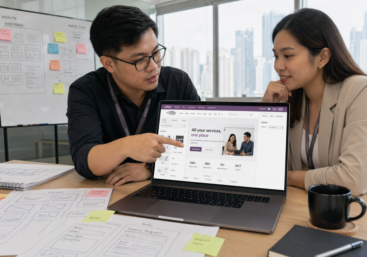 Filipino web and portal team reviewing eCommerce integration workflows connected to Odoo