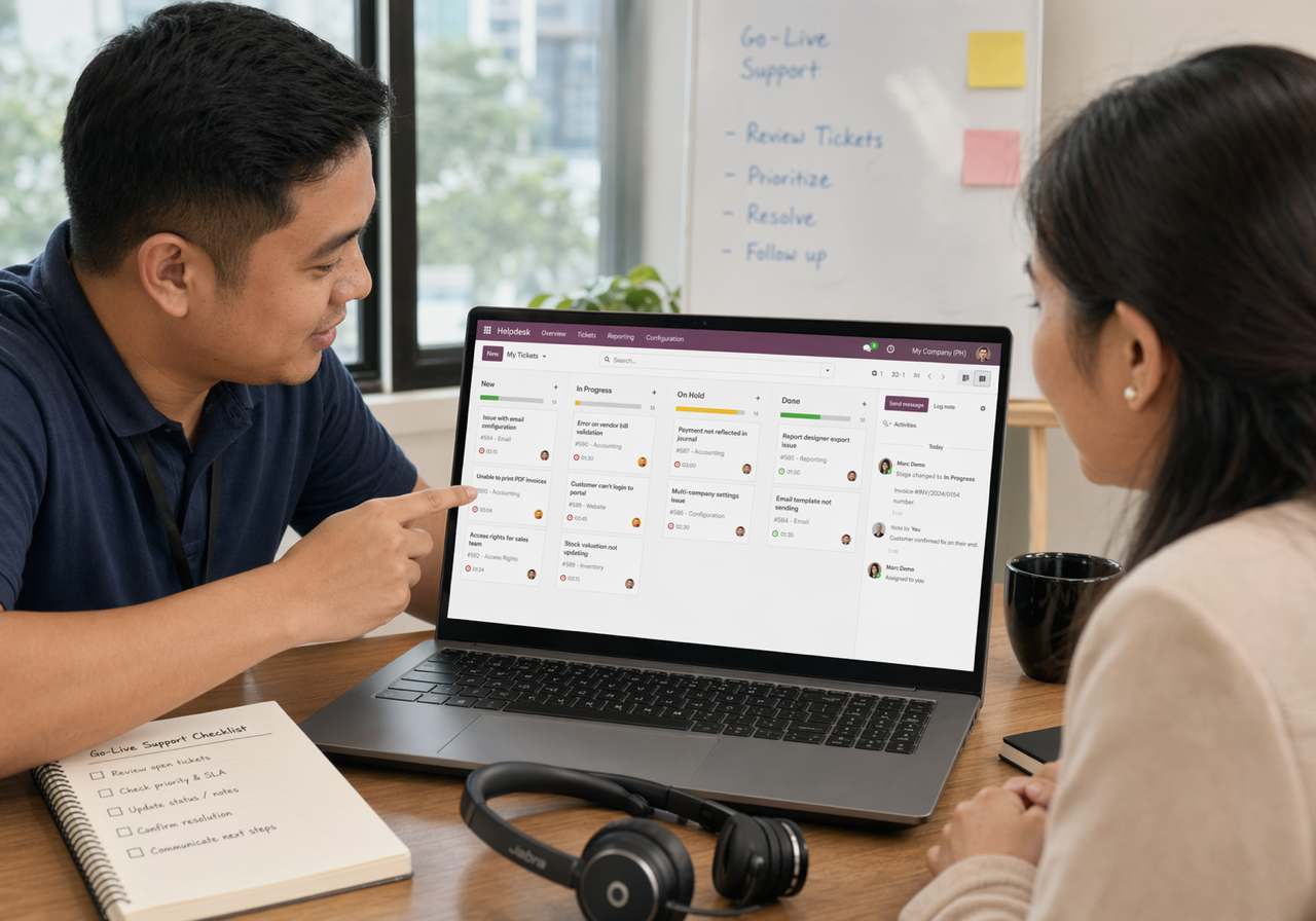 Filipino support consultant reviewing Odoo Helpdesk tickets for post-go-live support