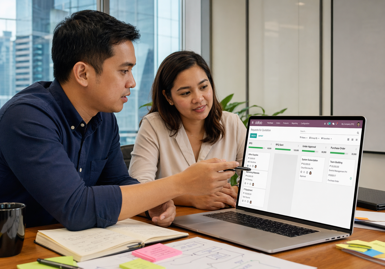 Filipino operations consultants reviewing delivery, warehouse, and logistics workflows in Odoo